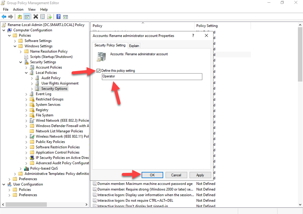 Policy properties dialog with Define this policy setting checked and the new name Operator entered