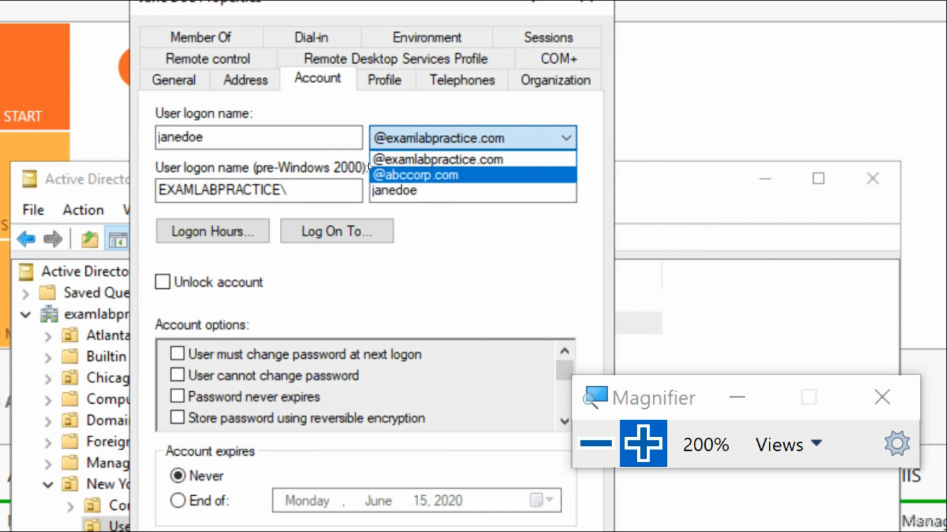jdoe Account tab User logon name dropdown showing infotechninja.com newly available alongside infotechninja.local