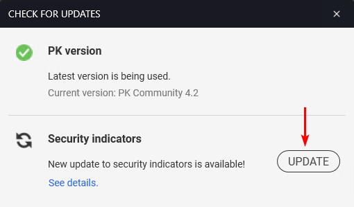Update dialog with Security indicators UPDATE button