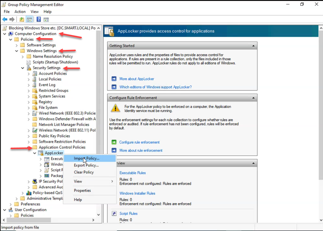 GPO Editor at Application Control Policies AppLocker showing the getting-started panel and the warning that Application Identity service must be running