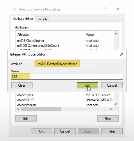 CN=Directory Service Properties Attribute Editor with the Integer Attribute Editor open for msDS-DeletedObjectLifetime and value 365