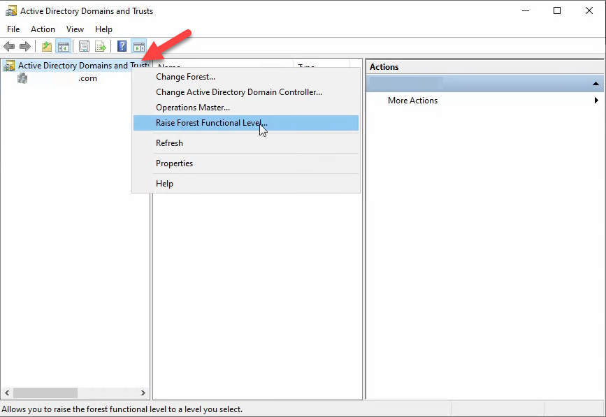 Active Directory Domains and Trusts right-click on root node showing Raise Forest Functional Level option