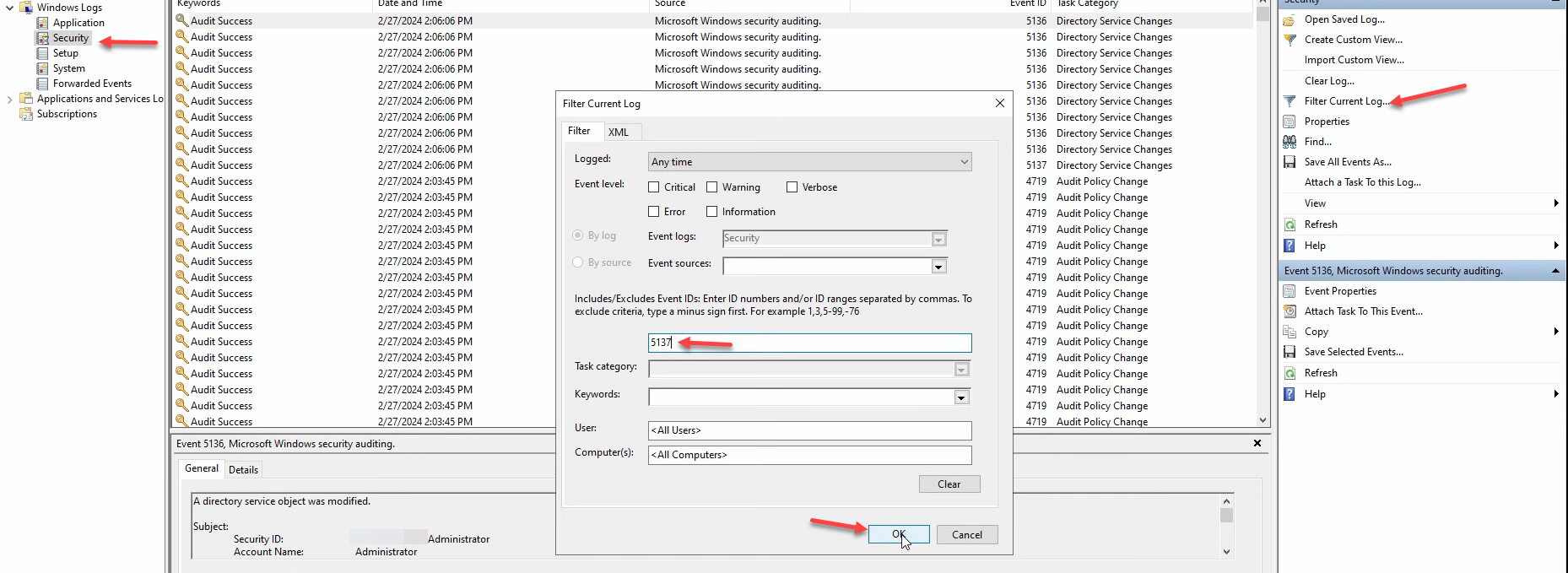 Event Viewer Security log with Filter Current Log dialog open and event ID 5137 entered