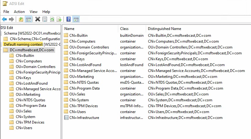 ADSI Edit at the Default naming context showing CN=Builtin, CN=Computers, OU=Domain Controllers, OU=Sales and other domain-side containers