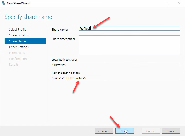 Step 7 of the roaming-profile setup workflow on Windows Server 2022