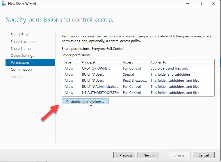 Configure Share Settings screen with Customize Permissions button.