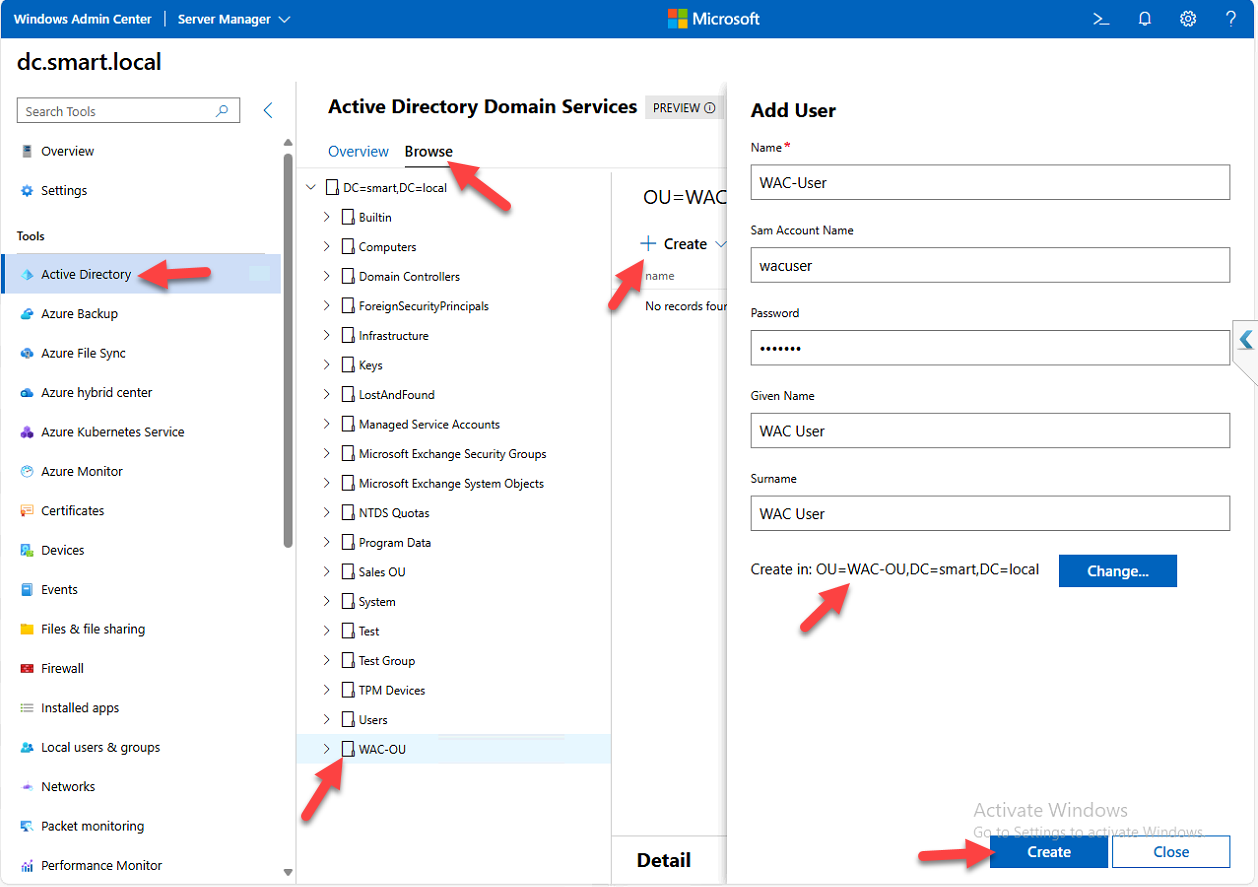 Create User dialog in WAC showing fields for the WAC-User account.