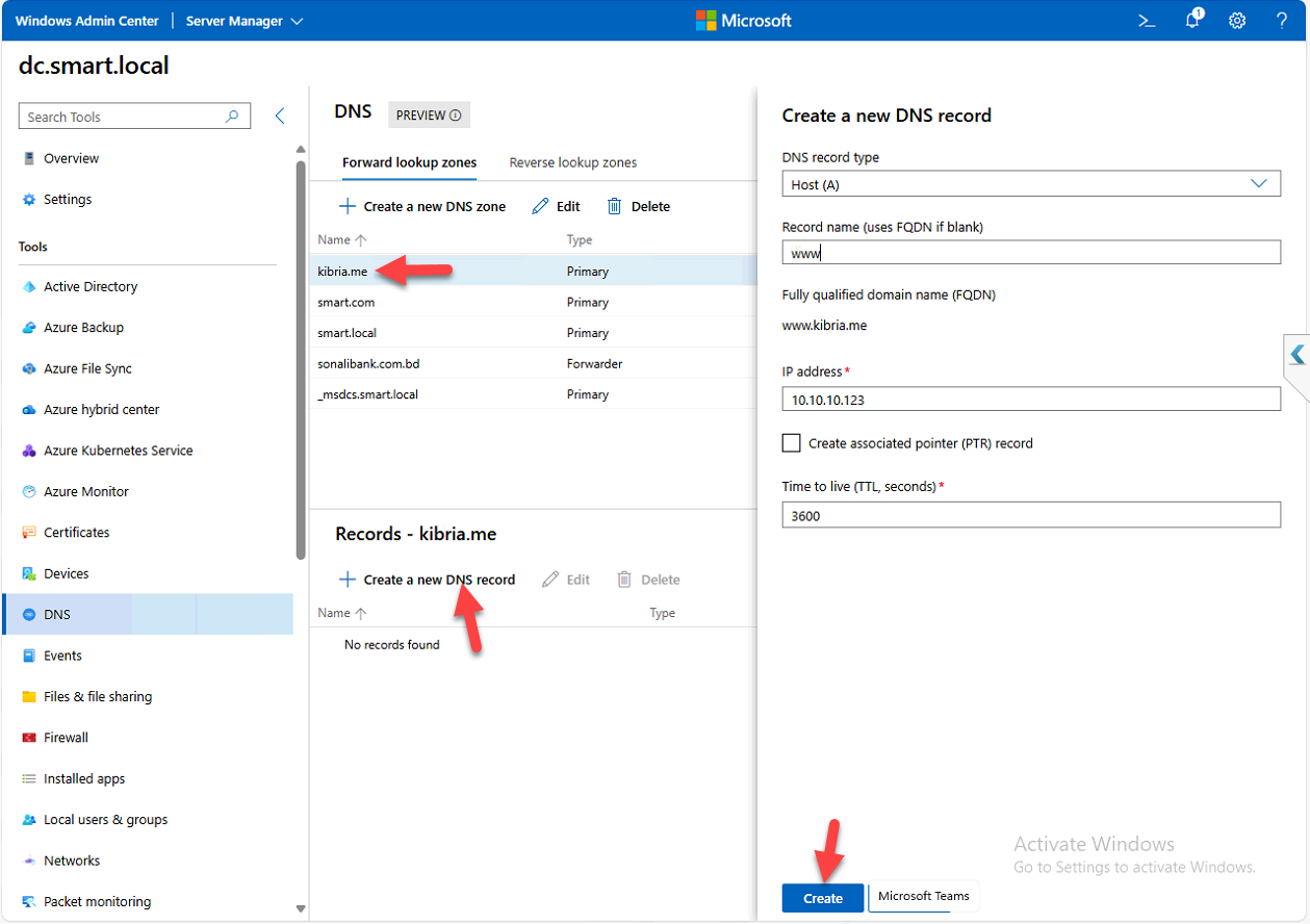 Create new DNS record dialog with Host (A) record fields populated.
