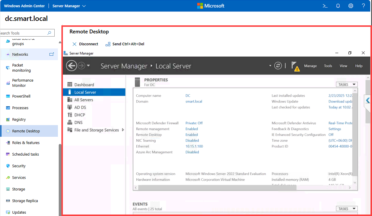 In-browser Remote Desktop session inside Windows Admin Center showing DC Server Manager.