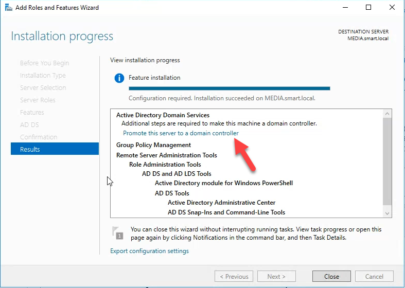 Server Manager flag notification offering Promote this server to a domain controller.