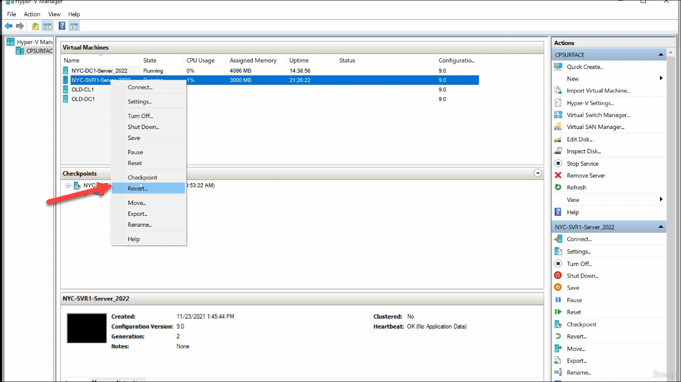 Right-click context menu on existing checkpoint Revert option