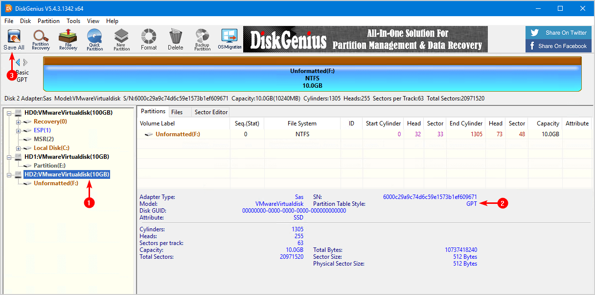 DiskGenius showing the second disk as GPT with Save All highlighted