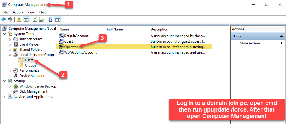 Computer Management Local Users and Groups Users showing the renamed Operator account