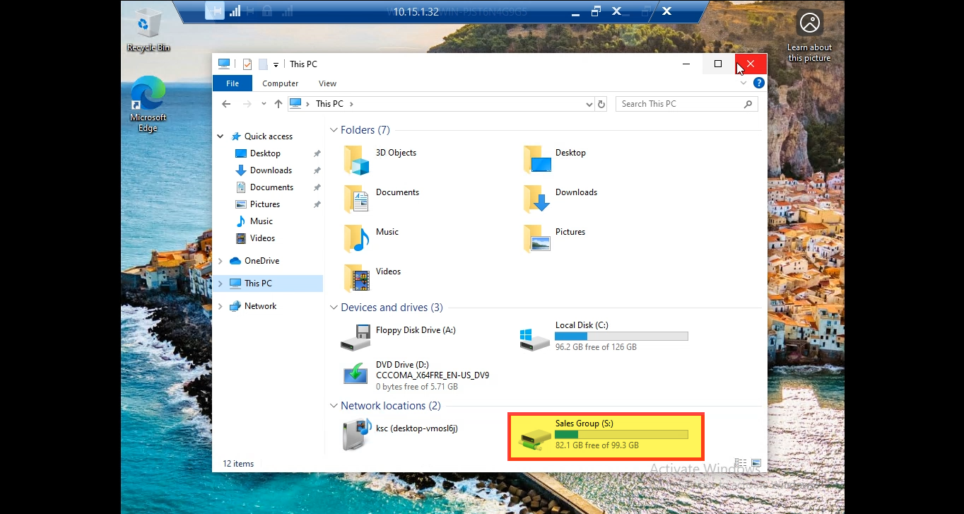 Windows File Explorer with the S: drive labeled Sales Group visible under Network locations