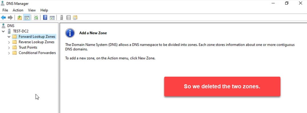 DNS Manager Forward Lookup Zones empty after the two zones were deleted