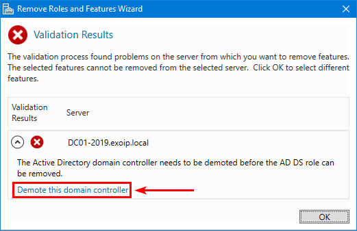 Validation Results error linking to demote this domain controller