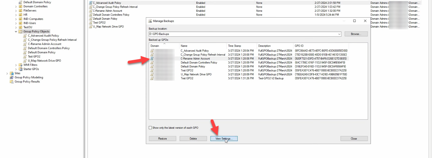GPMC right-click context menu on Test GPO2 with Back Up highlighted