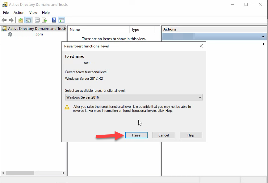 Raise forest functional level dialog showing current Windows Server 2012 R2 with Windows Server 2016 selected as target