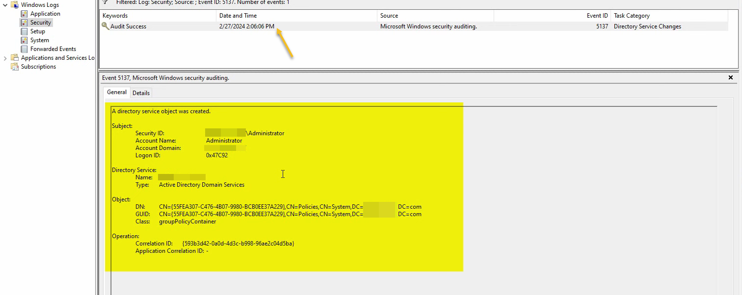 Event 5137 details showing A directory service object was created with the Object GUID matching the captured Test GPO 2 GUID
