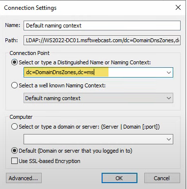 ADSI Edit Connection Settings with the DomainDnsZones distinguished name typed into Select or type a Distinguished Name