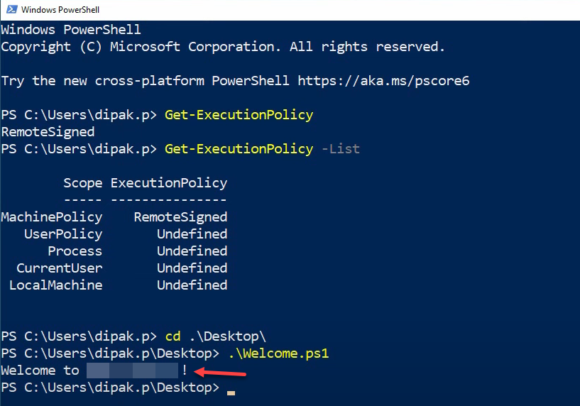 PowerShell session after the GPO applied showing Get-ExecutionPolicy returning RemoteSigned