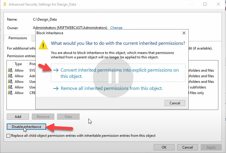 Advanced Security Settings dialog with Disable Inheritance.