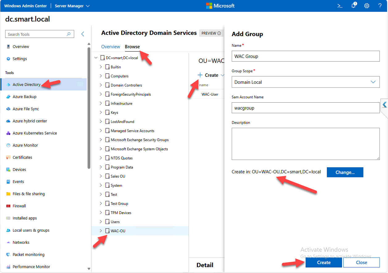 Create Group dialog with Domain Local scope selected.