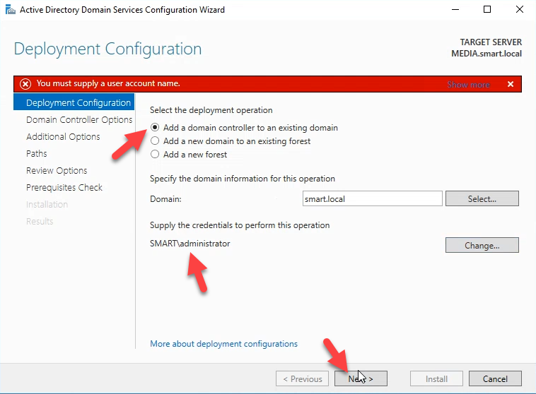 Deployment Configuration page with Add a domain controller to an existing domain selected.