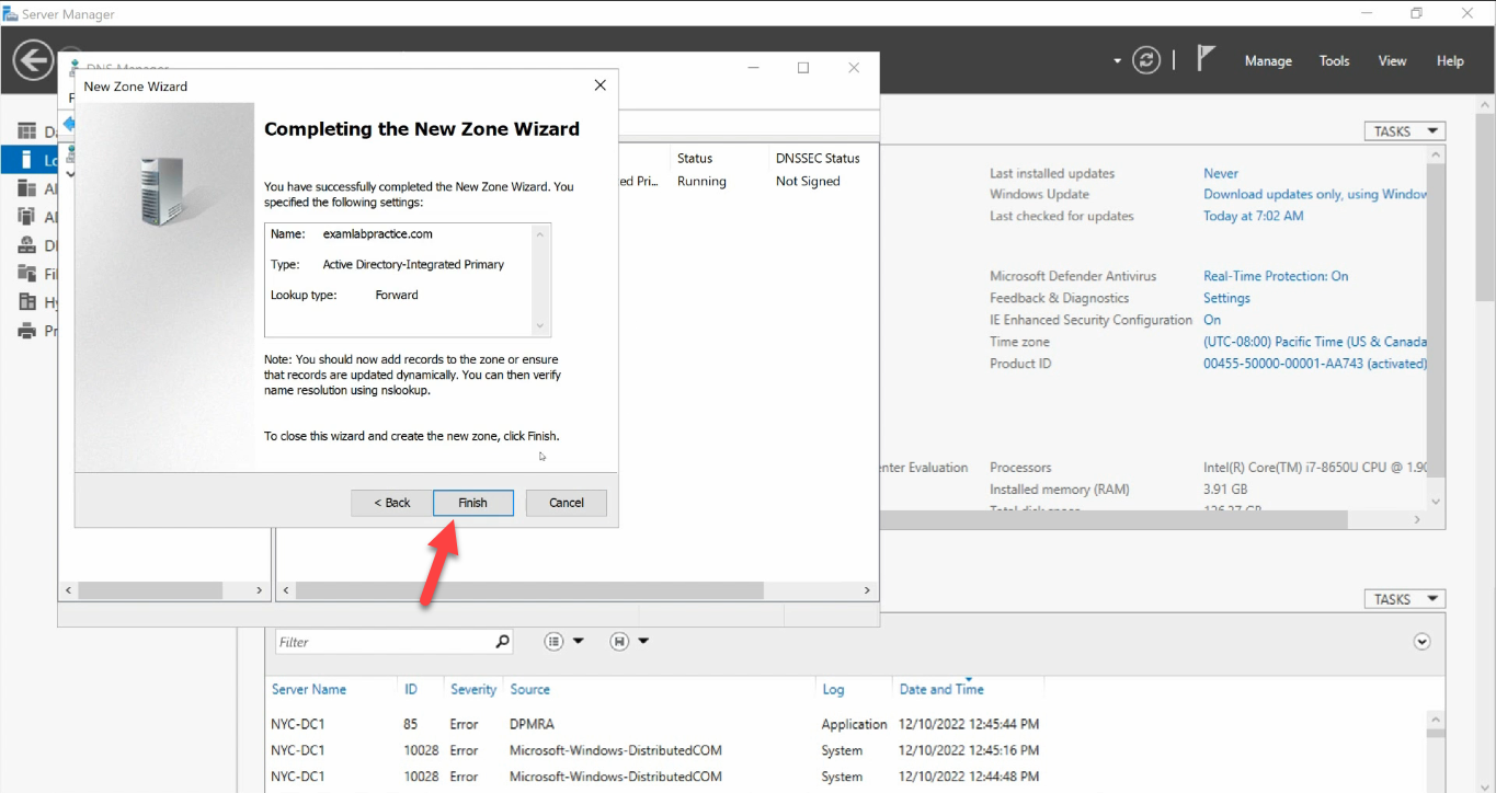 Completing the New Zone Wizard summary page Finish