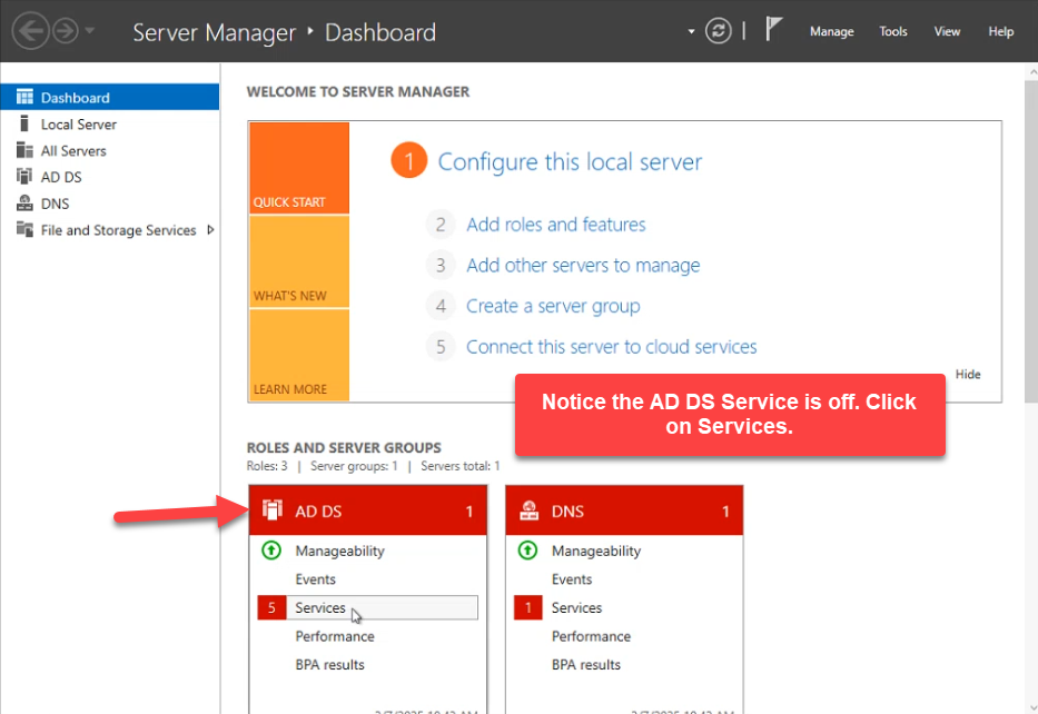 Server Manager Dashboard showing the AD DS service group with red exclamation indicating Services issue