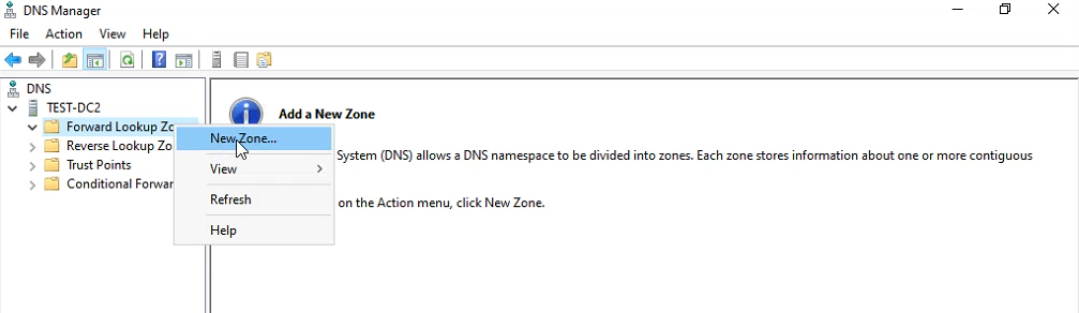 DNS Manager right-click context menu on Forward Lookup Zones with New Zone option