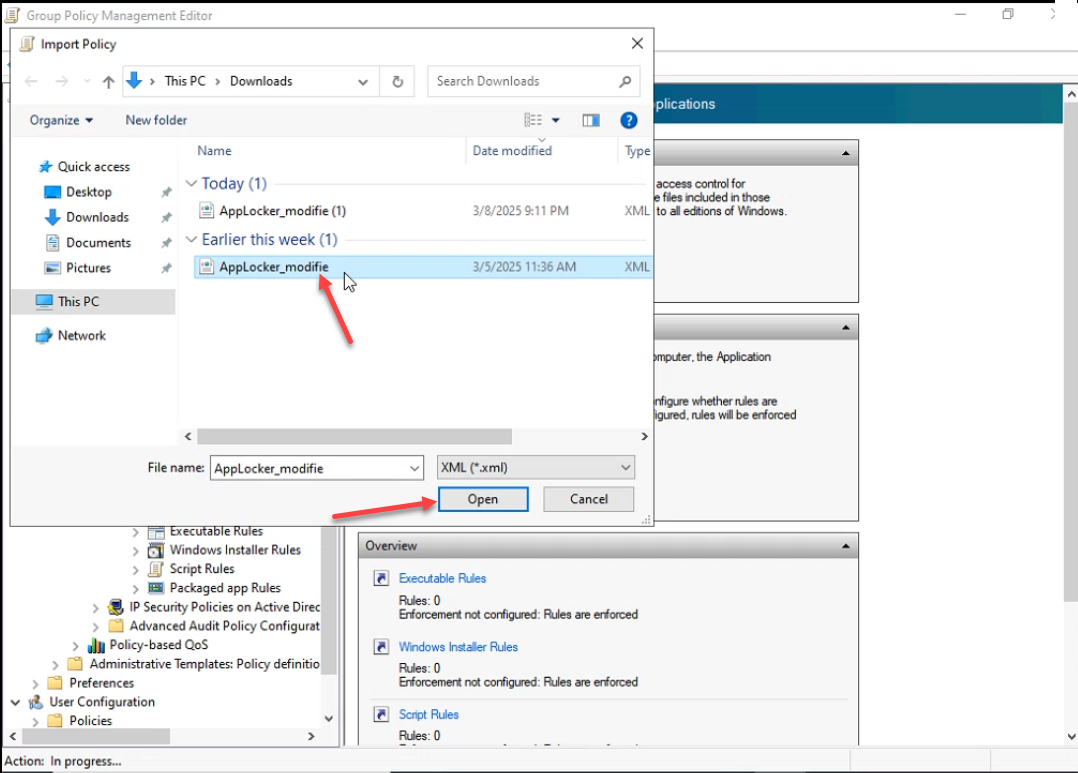 Import Policy file picker open to Downloads folder with AppLocker_modifie.xml selected