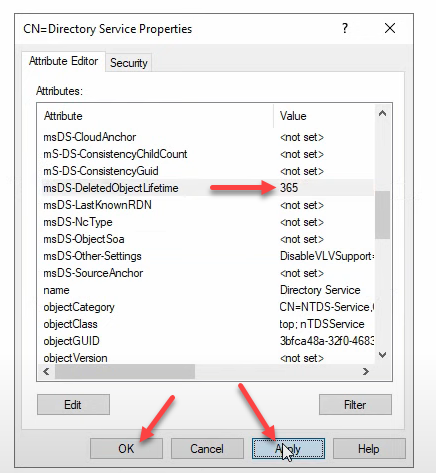CN=Directory Service Properties Attribute Editor showing msDS-DeletedObjectLifetime now 365 with Apply and OK buttons highlighted