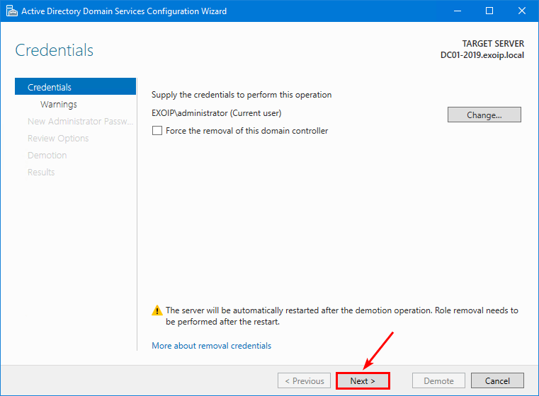 AD DS Configuration Wizard Credentials page Force the removal checkbox