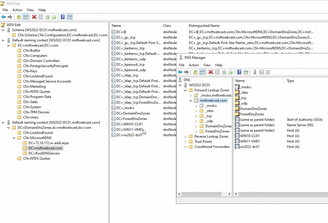 ADSI Edit at the DomainDnsZones application partition showing host A records that match the DNS Manager view of the same zone