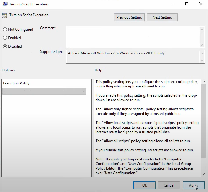 Turn on Script Execution policy edited again and set to Disabled