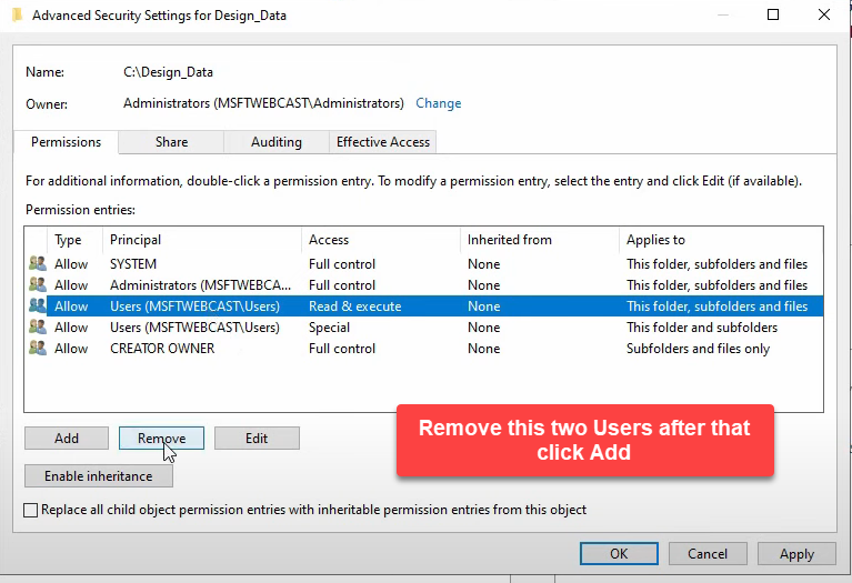 Permission Entry dialog selecting Folder Redirection Users principal.