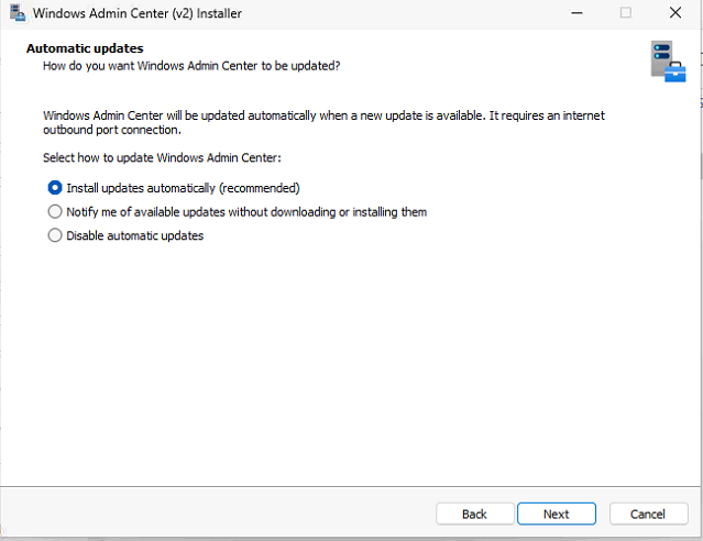 WAC Microsoft Update opt-in screen.