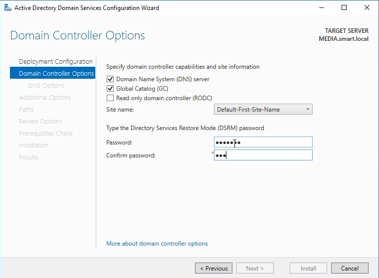Domain Controller Options page with DNS Server and Global Catalog checked and DSRM password set.