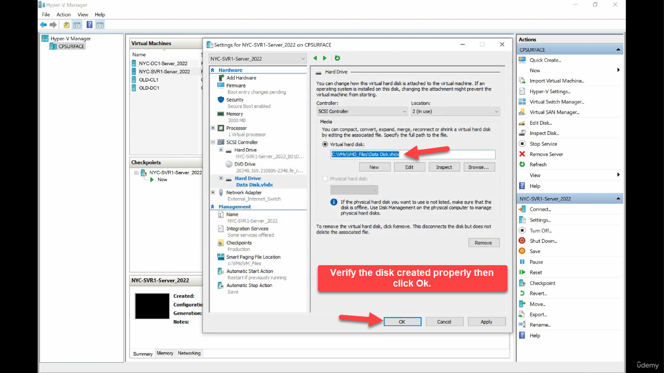 VM Settings showing the new hard drive attached