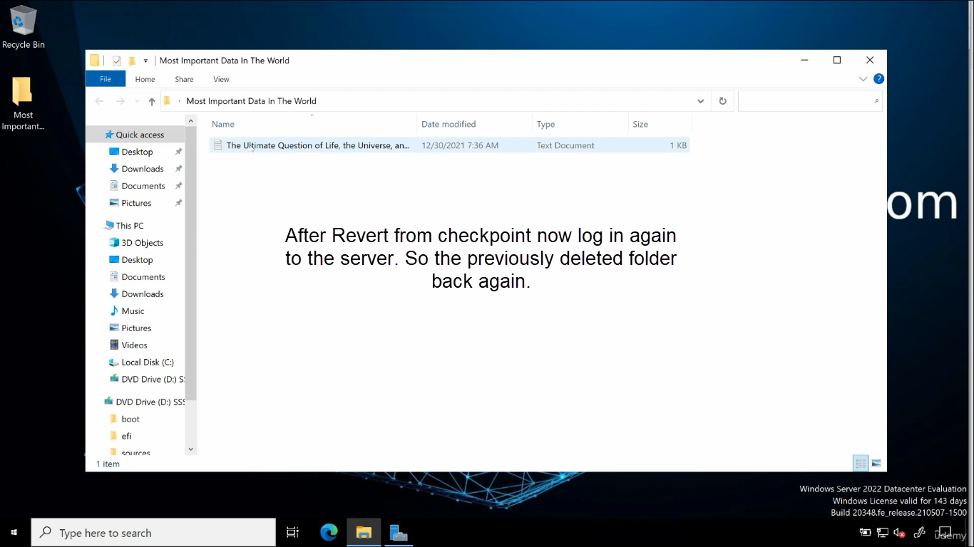 Guest VM showing the previously deleted folder restored after revert