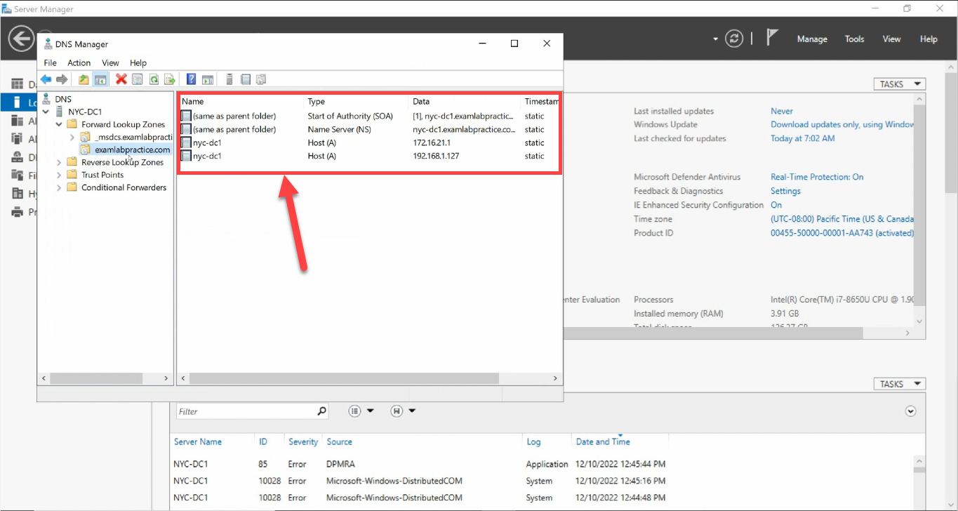 DNS Manager with the new zone populated and SOA NS records visible