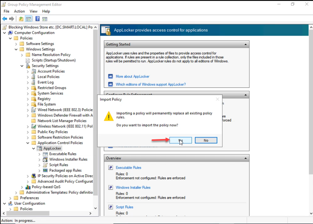 Import Policy confirmation dialog asking whether to overwrite the current policy
