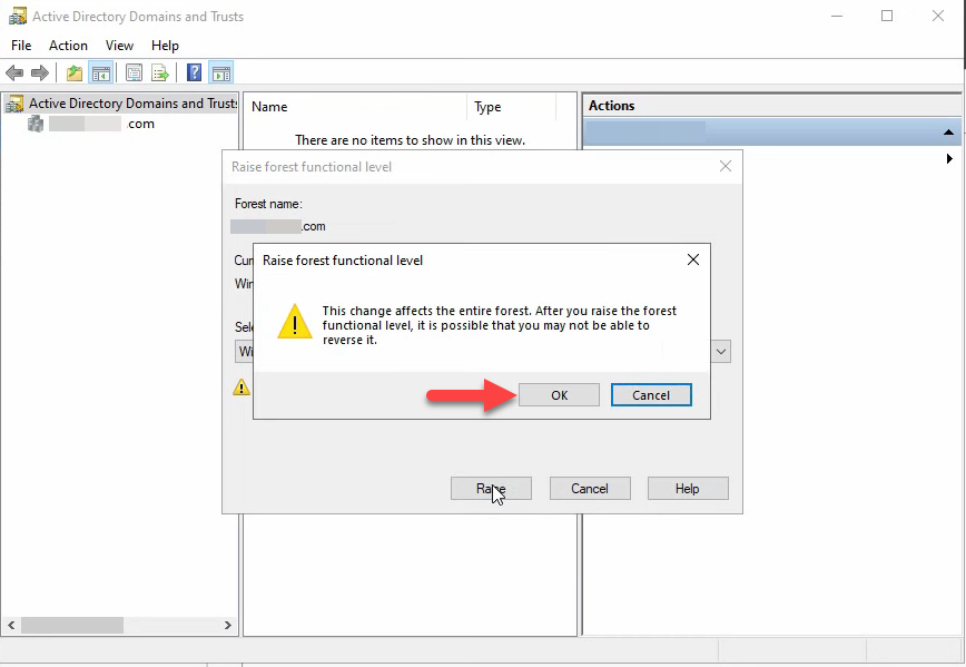Raise forest functional level confirmation dialog warning the change affects the entire forest