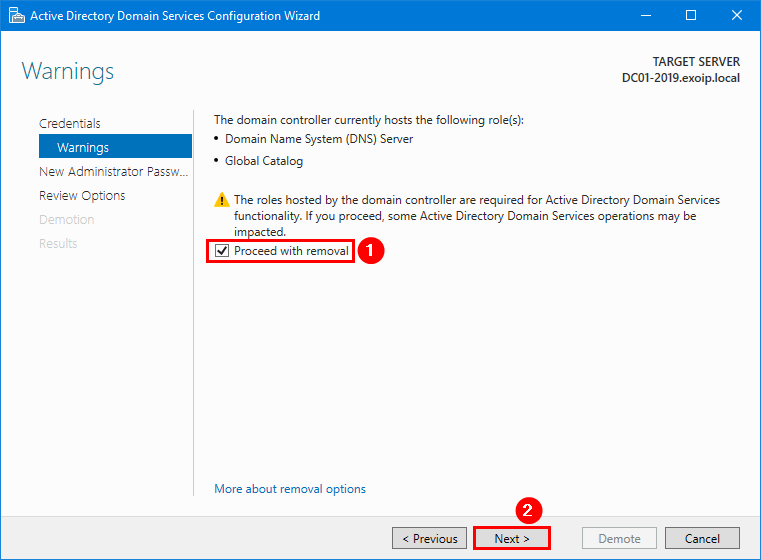 Demotion Warnings page Proceed with removal checkbox