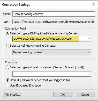ADSI Edit Connection Settings with the ForestDnsZones distinguished name entered