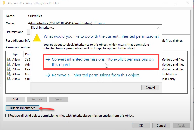 Step 10 of the roaming-profile setup workflow on Windows Server 2022