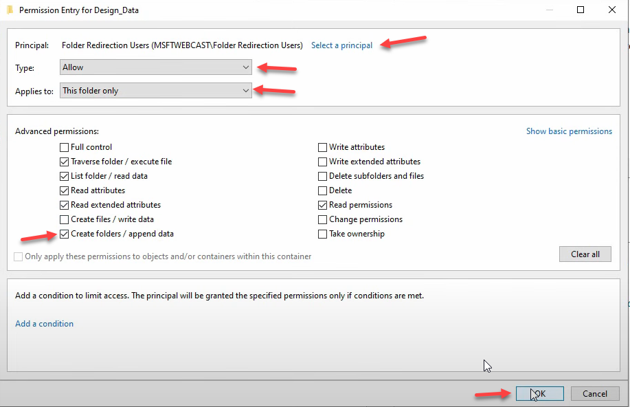 Permission Entry dialog with advanced permissions visible.