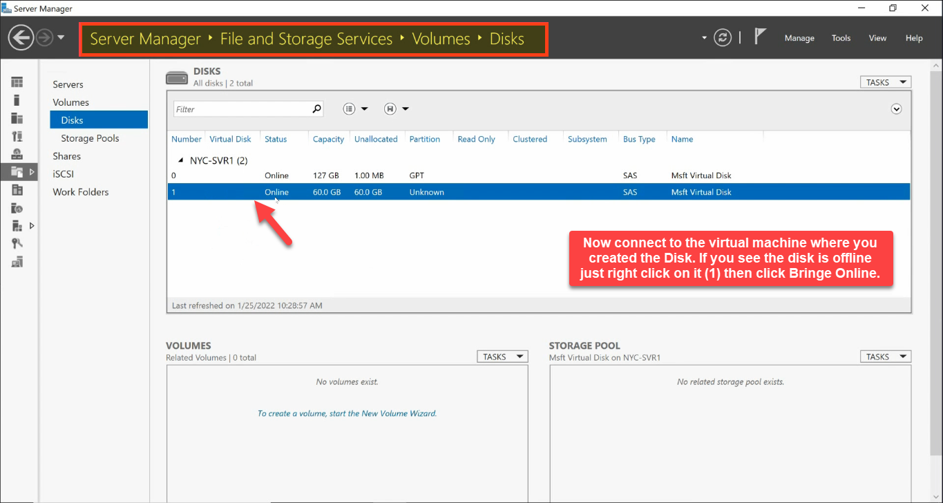 Server Manager File and Storage Services Disks new disk Offline Bring Online