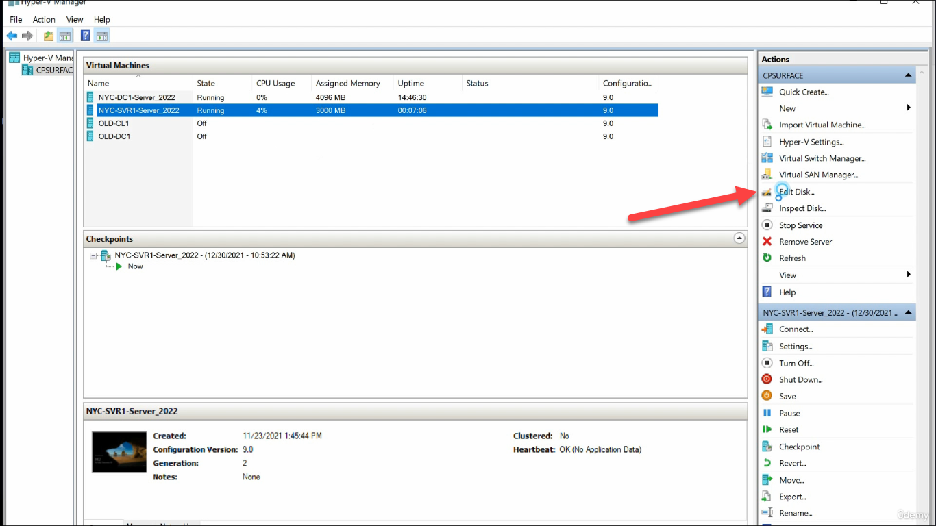 Hyper-V Manager Actions pane Edit Disk highlighted